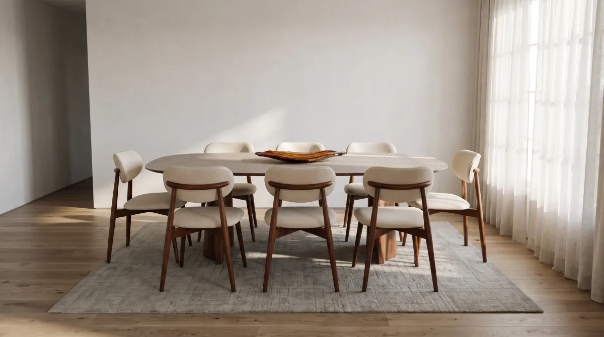 Mesa de jantar oval com cadeiras estofadas em bouclé, do acervo JEB, em uma sala clara