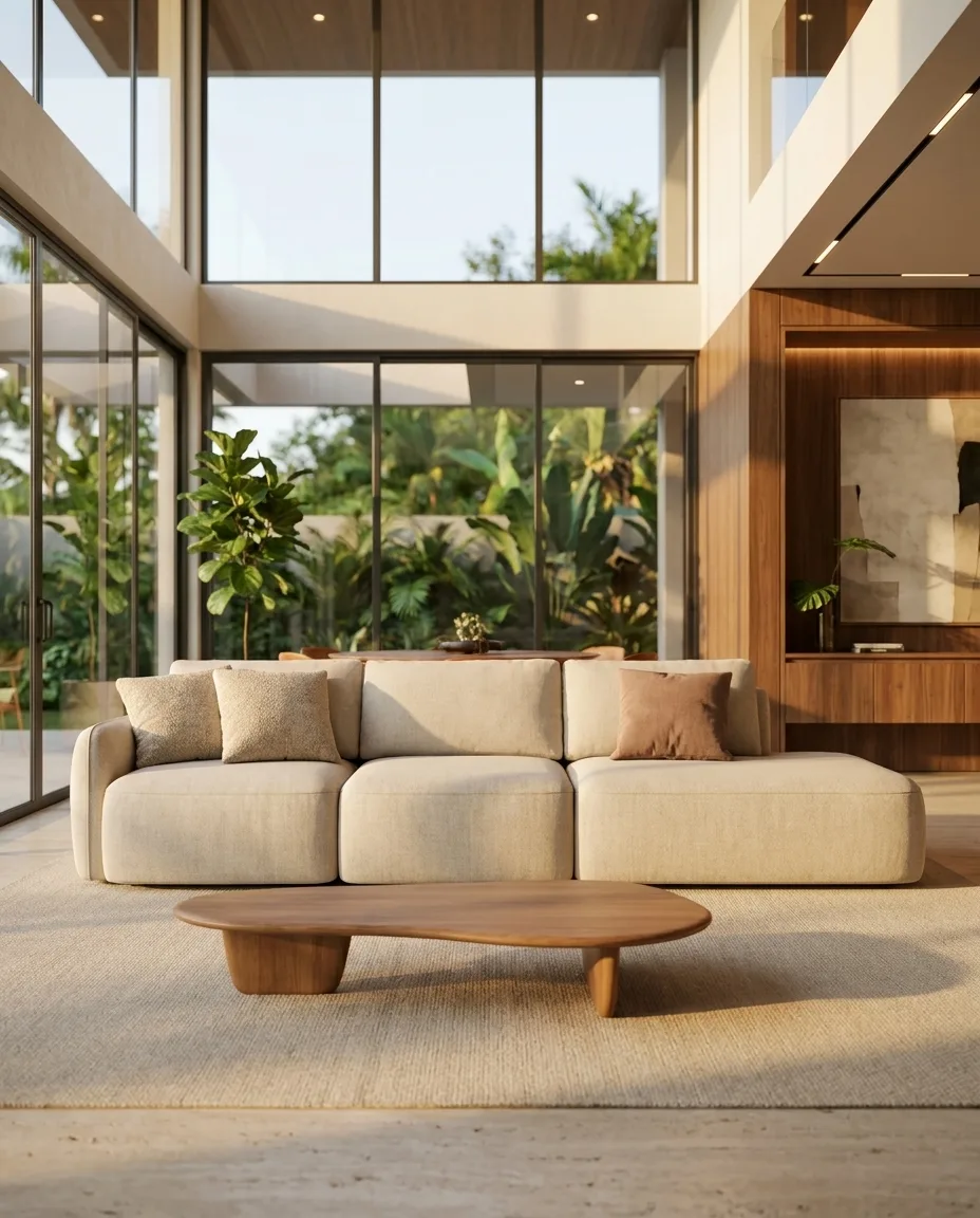 Sofá modular de três módulos em linho cru, com mesa de centro orgânica de madeira, em sala de estar com vista para o jardim